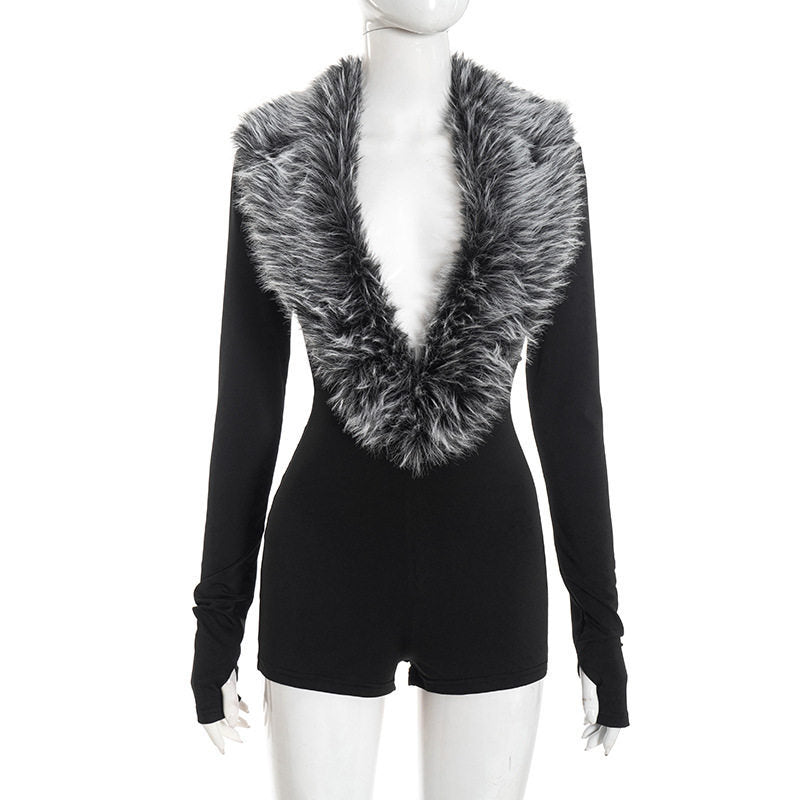 women's sexy nightclub style new arrivalpure colorsexy fur collar deep v long sleeves tight hip-covering one-piece shorts