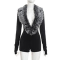 women's sexy nightclub style new arrivalpure colorsexy fur collar deep v long sleeves tight hip-covering one-piece shorts