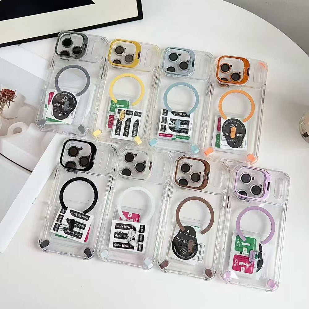 Suitable for apple 17pro metal lens holder magnetic phone case iphone14 four-corner airbag transparent hard case