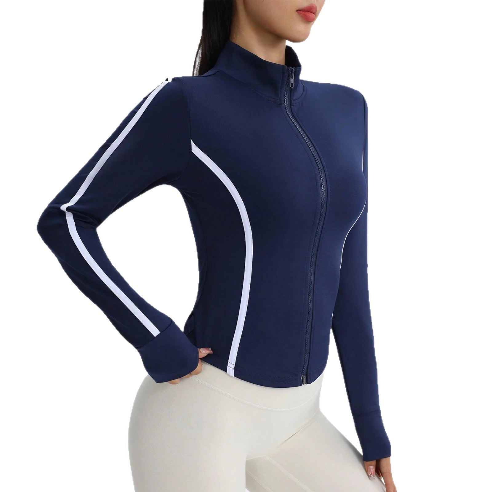 Pre-sale European beautiful women  contrasting color stand-up neck zipper sports jacket slim and thin long sleeve side stripe fitness yoga