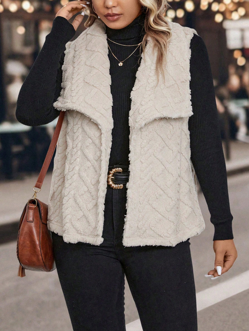 Fall and wintercasualplus sizestuffed waistcoat large lapel stereo embossed texture looseheattech outer wear fat mm women's clothing