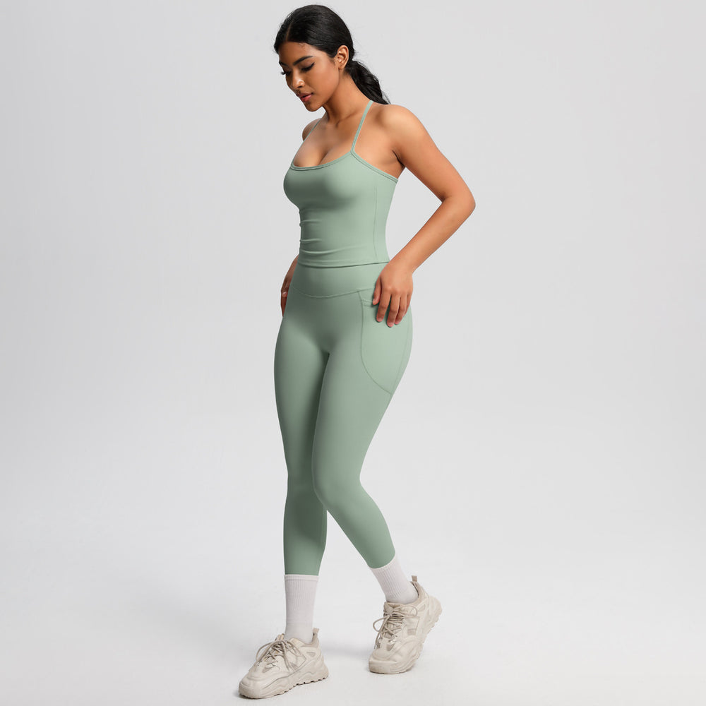 New arrivalpure color sling beautiful back yoga clothes hip pocket tights sports suit cloud-like quick-drying fitness clothes for women