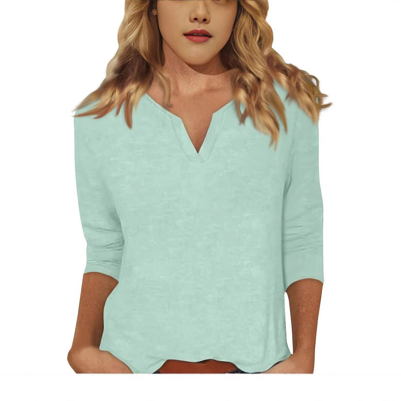 cross-border women's v-neck 3/4 sleeve solid color t-shirt top