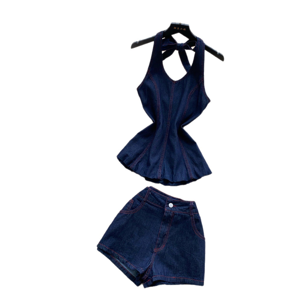 Spicy girl style halter denim vest and shorts two-piece set - women's summer slim-fit, figure-flattering, chic outfit for work and casual wear