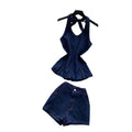 Spicy girl style halter denim vest and shorts two-piece set - women's summer slim-fit, figure-flattering, chic outfit for work and casual wear