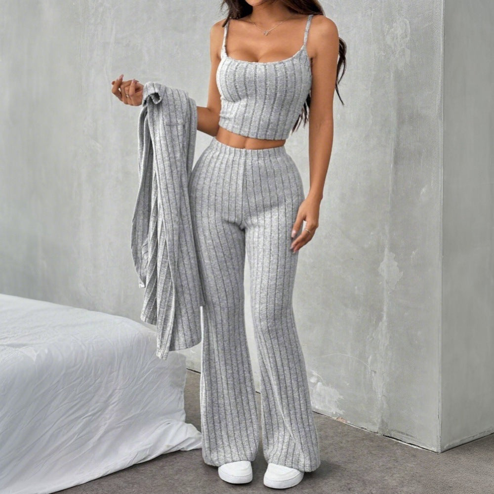 spring/summer new arrival: cross-border european and american style relaxed fit fashion set - stylish casual knitted three-piece loungewear