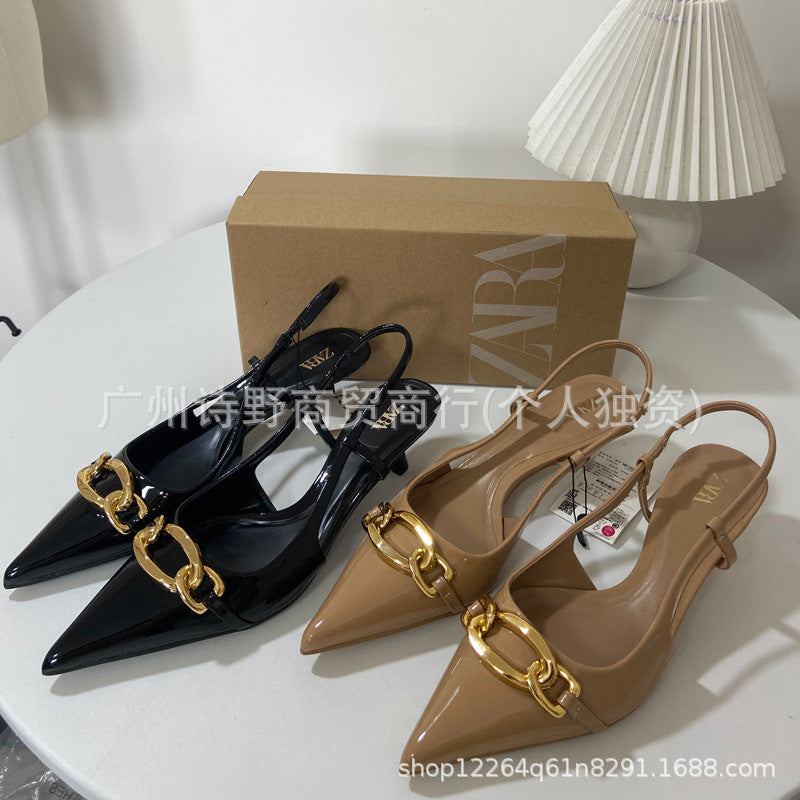 Za women's shoes 2024 summer new pointed toe stiletto heel pumps open back metal strap fashion women's shoes