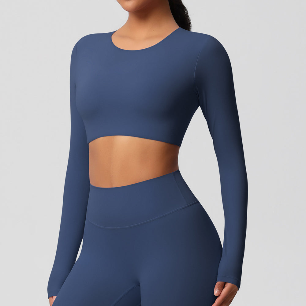 Ready-to-ship, cross-border, double-sided brushed, long-sleeved yoga top with built-in bra pads, suitable for pilates, running, and other workouts. women's