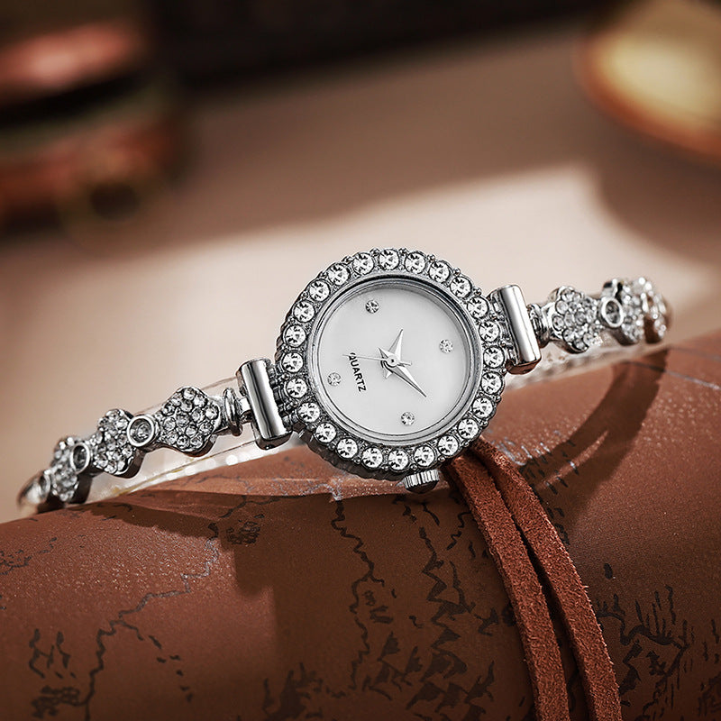 girls watch with small diamonds inspreppy style elegant dial decoration lazy pull-out small bracelet women's watch