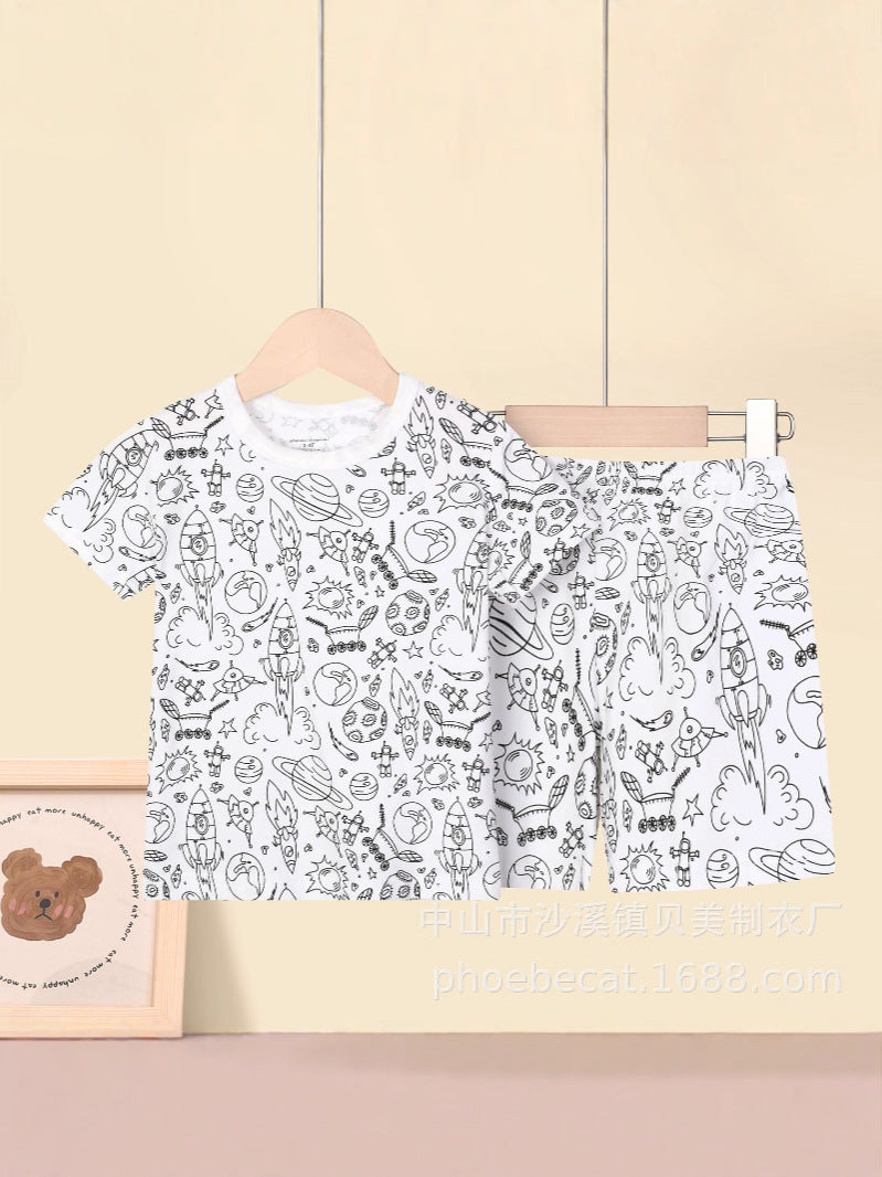 Cartoon european and american cross-border exclusive children's home clothes pajamas suit sketch comfortable breathable diy hand-painted graffiti