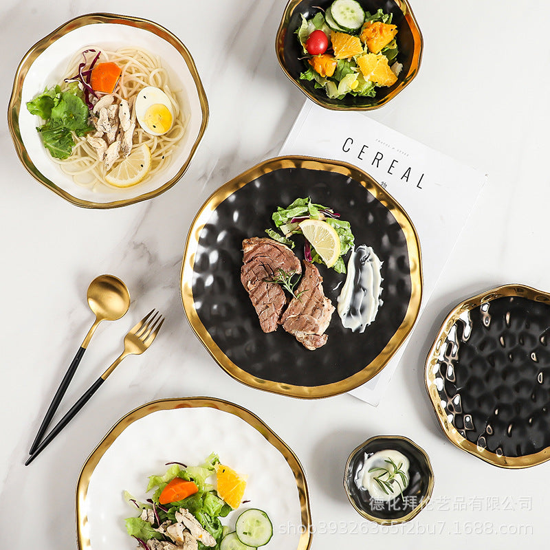 New arrival high-end gold-plated edge western steak plate matte ceramic bowl plate set combination large hat bowl wholesale