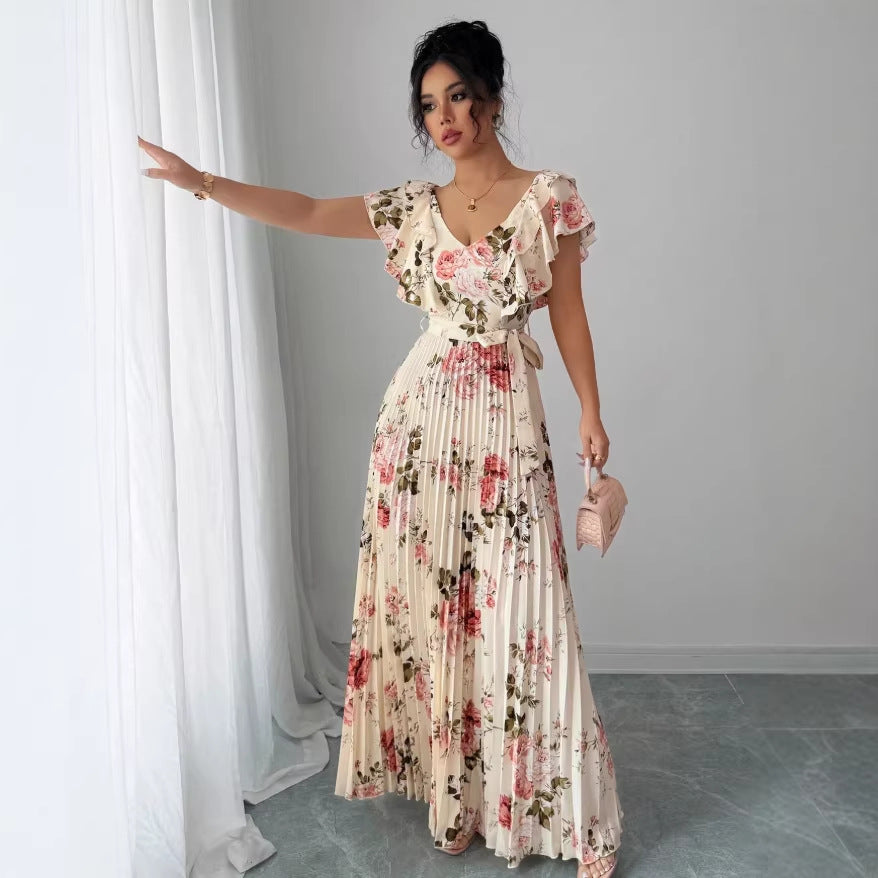 european and american cross-border e-commerce v-neck floral print elastic waist elegant commute a-line midi dress - women's