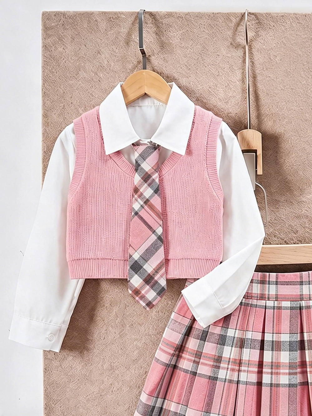cross-border exclusive: preppy collar shirt + knitted vest with tie + pleated mini skirt three-piece set