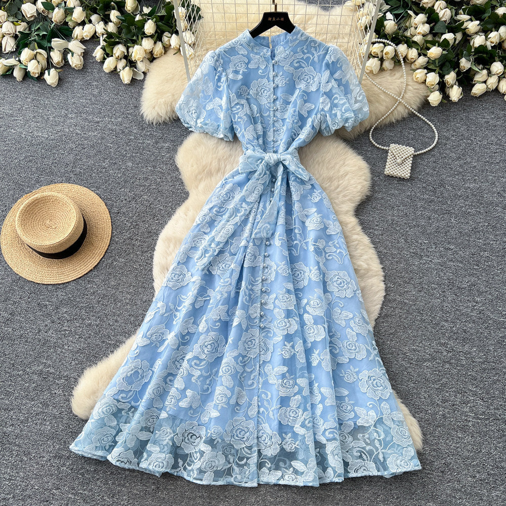 Elegant lace embroidered maxi dress for women - high waist a-line, perfect for summer, work, and evening events