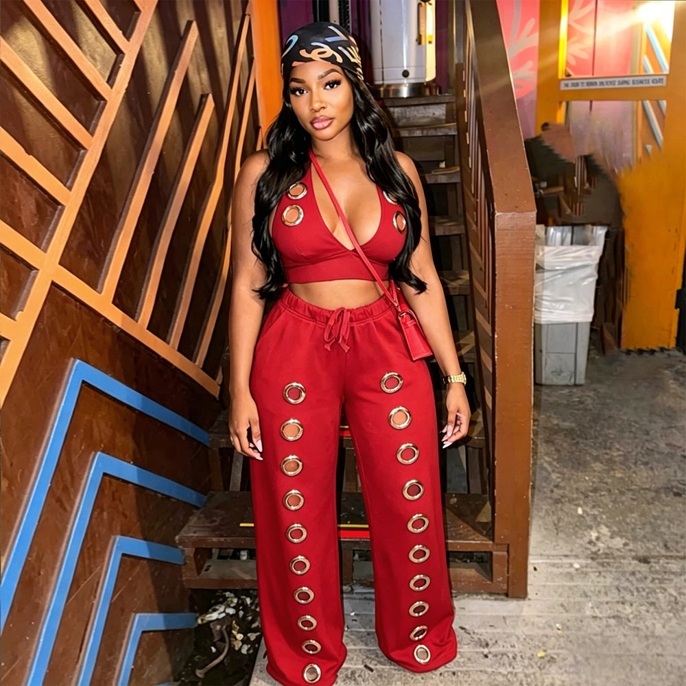 C7712 cross-border   fashion women's fashion trendy eyelet loose straight wide leg pants suit