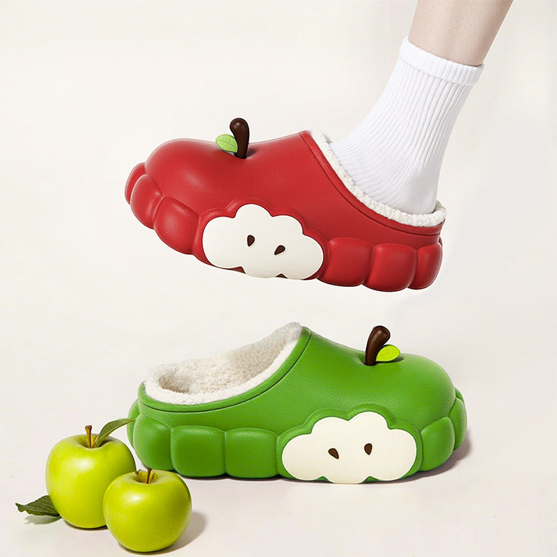 Women's cotton slippers - new 2025 winter collection: red apple design, fleece-lined, warm, indoor/outdoor, non-slip, thick-soled cotton shoes