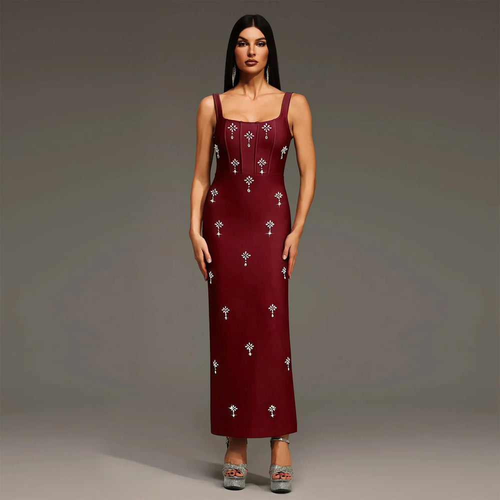 C7657 cross-border   fashion women's elegant rhinestone strap backless dress