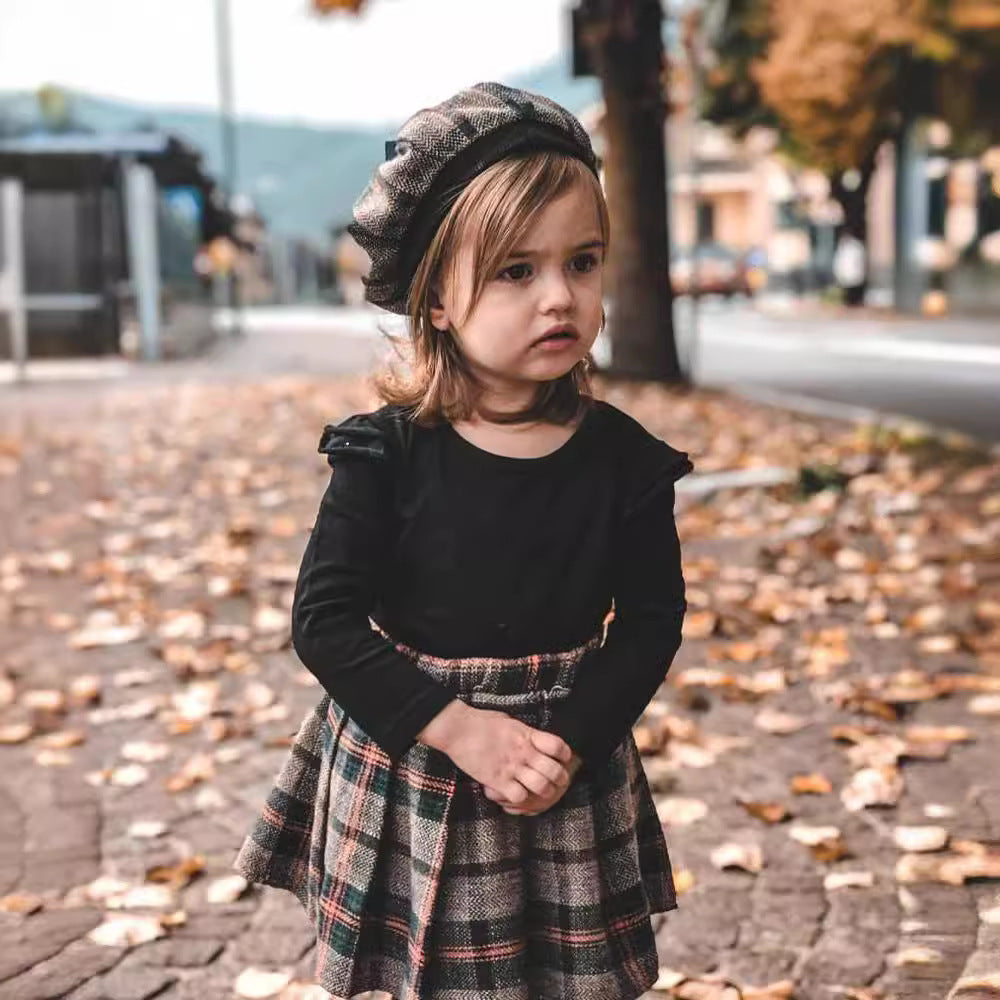 European and american style autumn outfit: girls' ribbed knit pullover top, plaid pleated skirt, and hat three-piece set for cross-border e-commerce