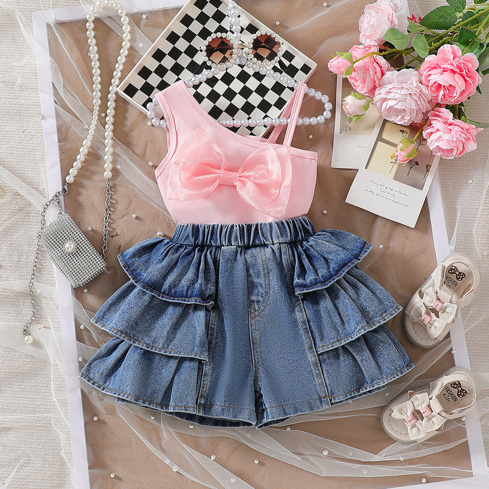 cross-border girls' bowknot solid color camisole top + ruffle hem denim shorts two-piece set