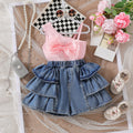 cross-border girls' bowknot solid color camisole top + ruffle hem denim shorts two-piece set