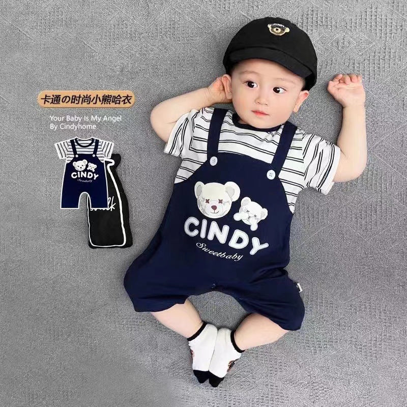 Newborn baby striped star bear romper - lightweight summer outfit for baby boys