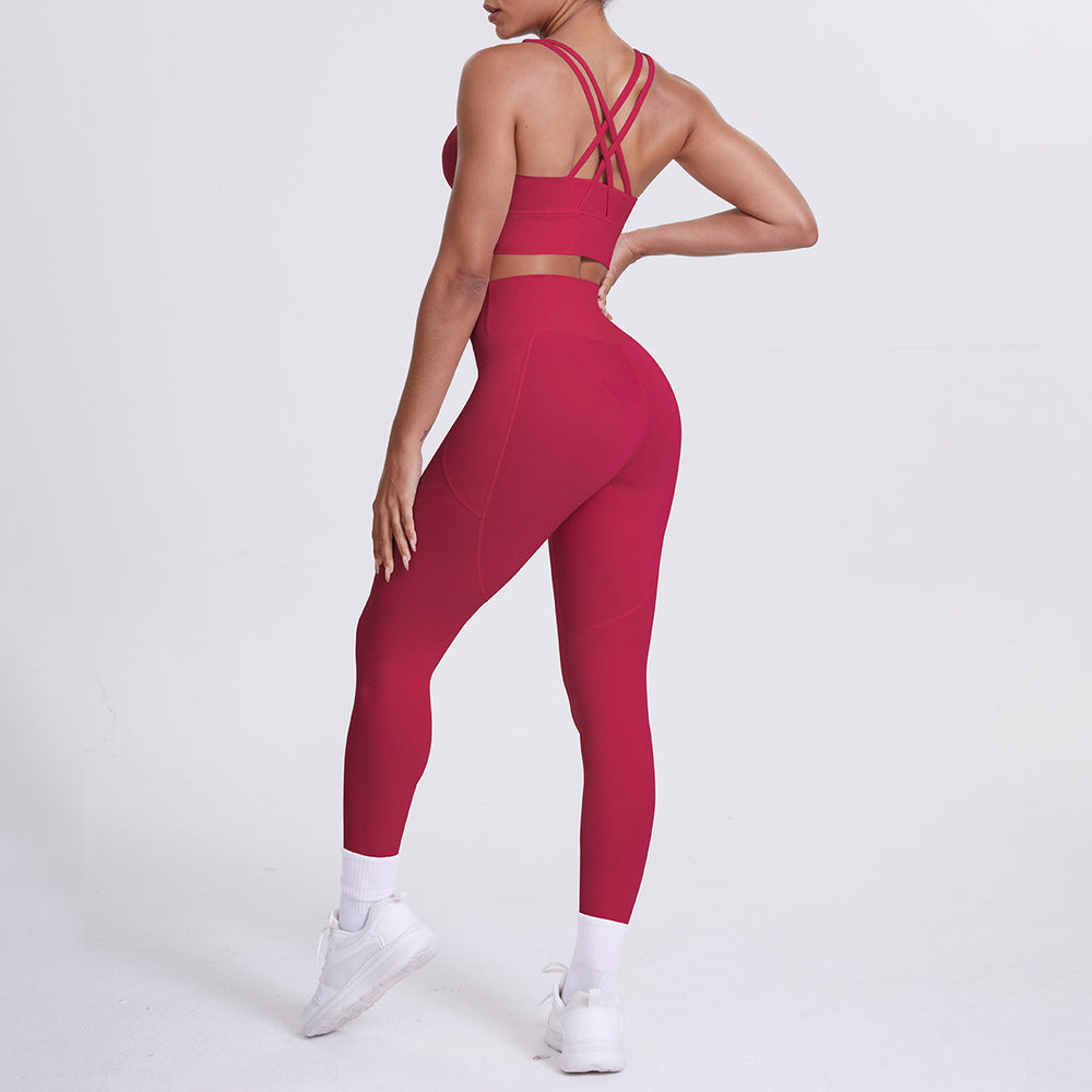 Fashion cross-border nude brushed cross back bra sports hip pocket pants fitness yoga clothes two-piece set