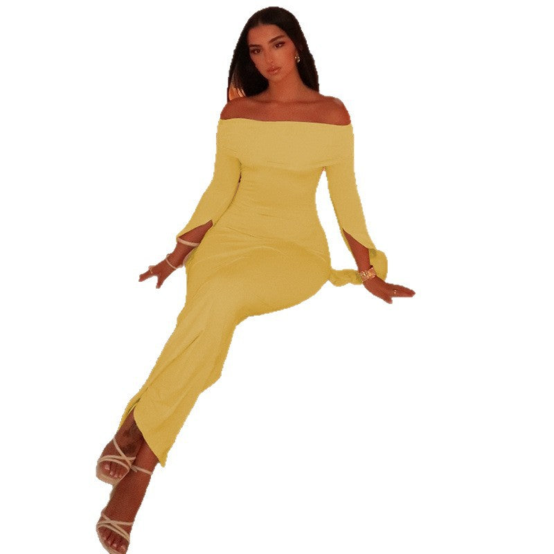 Fashion style cross-border elegant women's one-piece collar waist off-shoulder hip skirt close-fitting slit long sleeves new dress