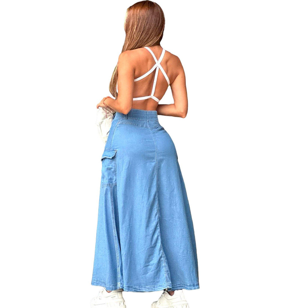 European and american style high-waisted midi skirt -  cross-border fashion women's single-breasted button denim skirt with slit and large pockets