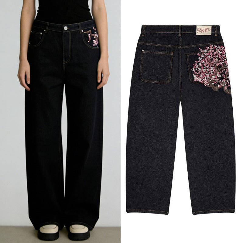 Fashionembroiderjeans women's new style hot selling exportstylish street loose workwear pants washed straight-legjeans