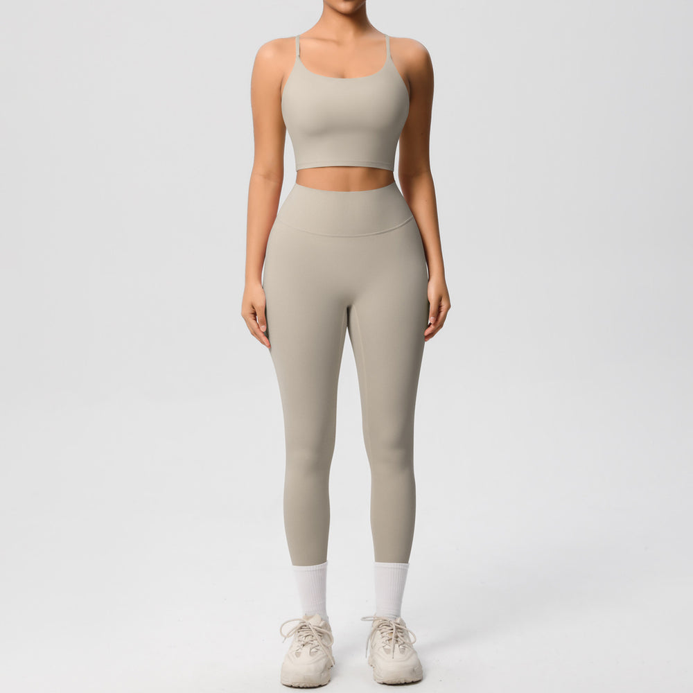 New arrival: double-sided brushed solid color seamless back compression yoga set - breathable workout outfit for running and fitness (two-piece)
