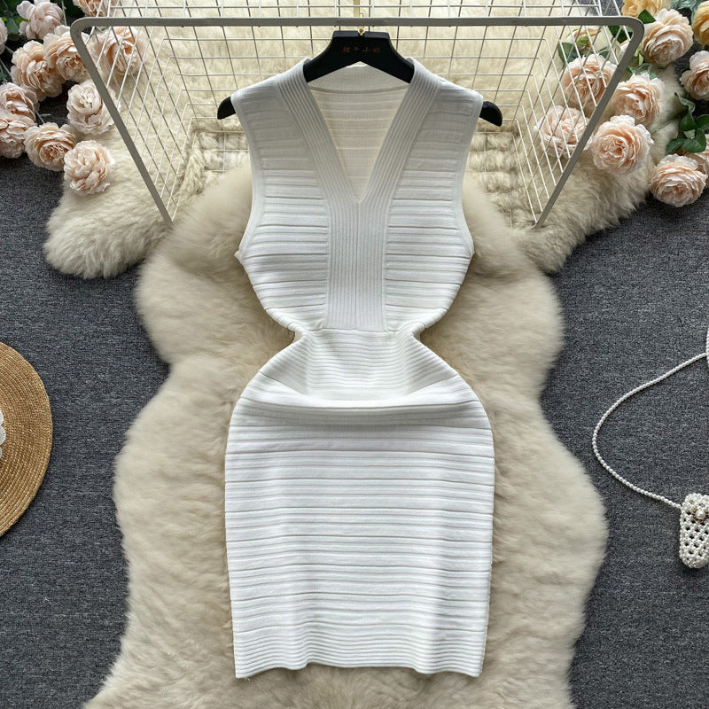 Sleeveless knit tank dress - women's summer lightweight v-neck pleated design, light luxury, slim fit, bodycon mini dress