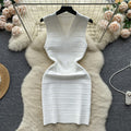 Sleeveless knit tank dress - women's summer lightweight v-neck pleated design, light luxury, slim fit, bodycon mini dress