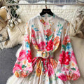 European and american style women's high-end vintage elegant stand collar single-breasted long sleeve cinched waist flared print vacation maxi dress