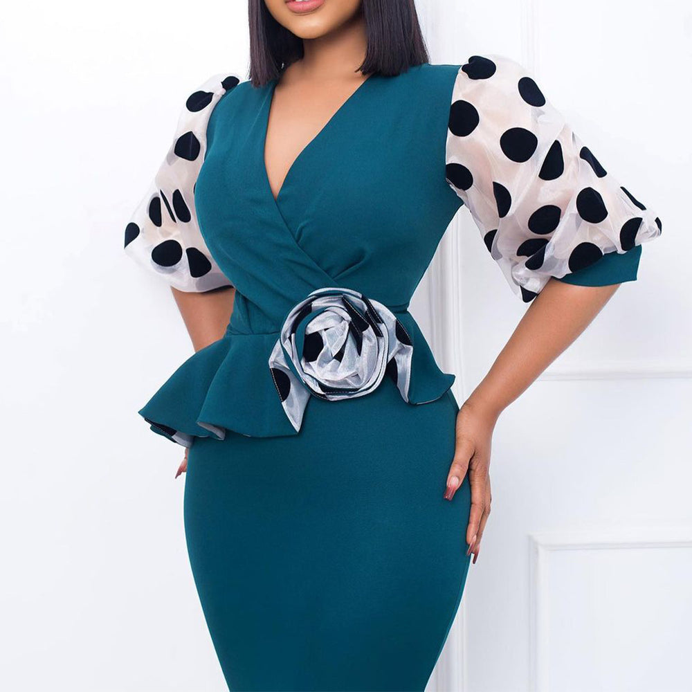 D3166  foreign trade plus size women's clothing  new fashion polka dot mesh patchwork v-neck european and american style dress