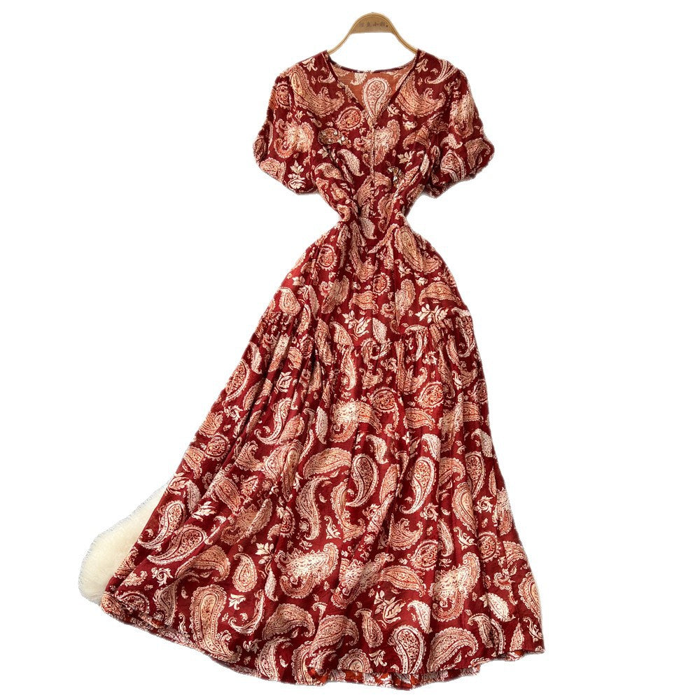 French retro v-neck short sleeve printed dress - women's summer european & american style korean slimming a-line maxi dress