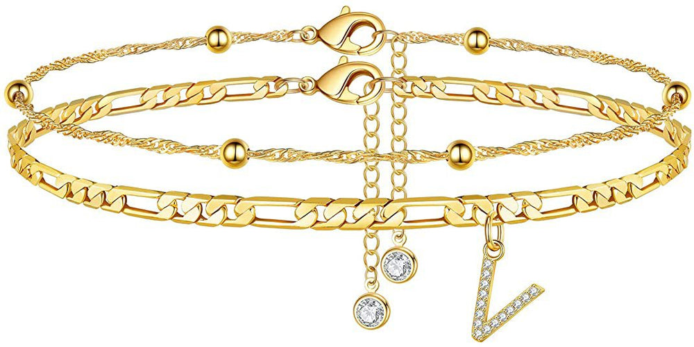 export hot-selling 26-letter anklet, zircon letter anklet, minimalist fashion seed bead cuban double-layer anklet