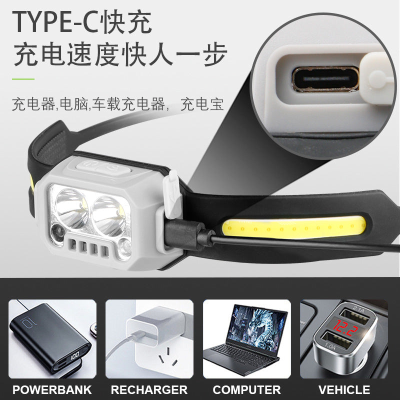 Cross-border new silicone waving sensor headlight USB charging outdoor cycling fishing headlight three light source LED headlight