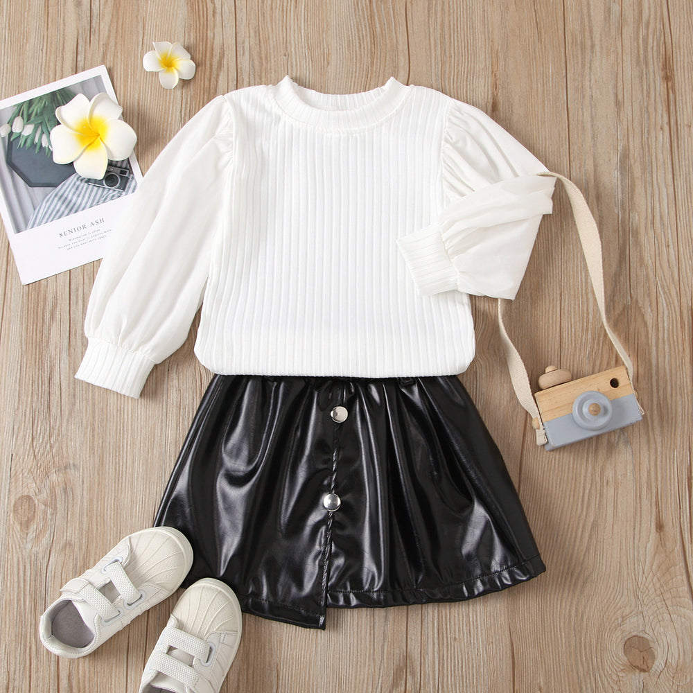 new product girlsuit autumn style fashionpure color round neck pit strip tops elastic irregular skirt leather skirt