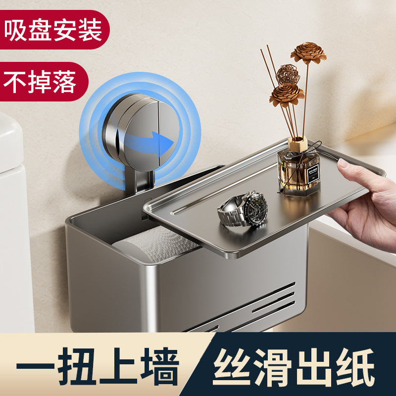 Bathroom suction cup tissue box wall mount - no drilling required - toilet paper holder for roll and sheet tissue - storage rack