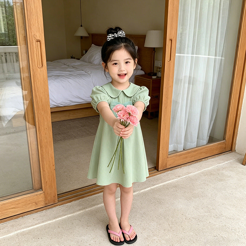Girls' summer dress  new style: sweet bow short-sleeve summer dress for young children, stylish casual princess dress
