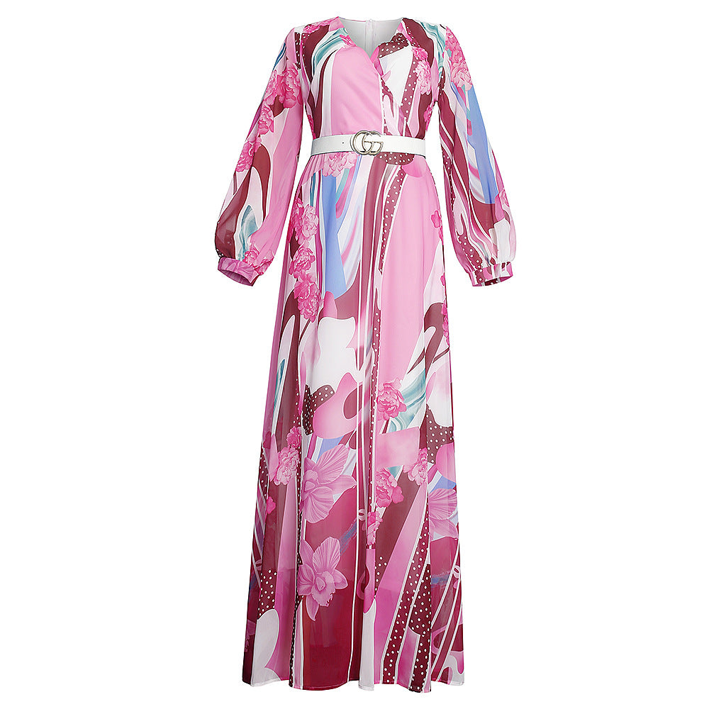 African plus sizeexportnew arrival women's chiffon   v neckprinting large swing long sleevesdress