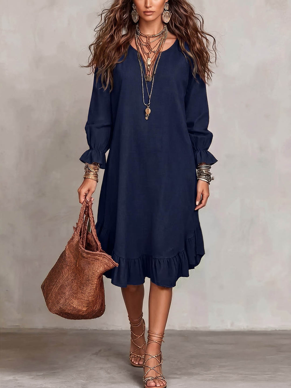 Women's vacation-ready slip dress: relaxed fit, v-neck, slit hem, ruffle trim, midi length - wholesale available
