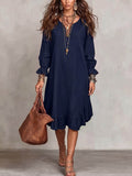 Women's vacation-ready slip dress: relaxed fit, v-neck, slit hem, ruffle trim, midi length - wholesale available