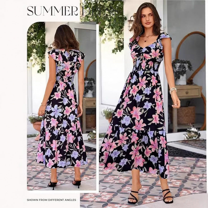 Amazon bohemian ruffle sleeve dress women's  summer new floral flowy a-line dress
