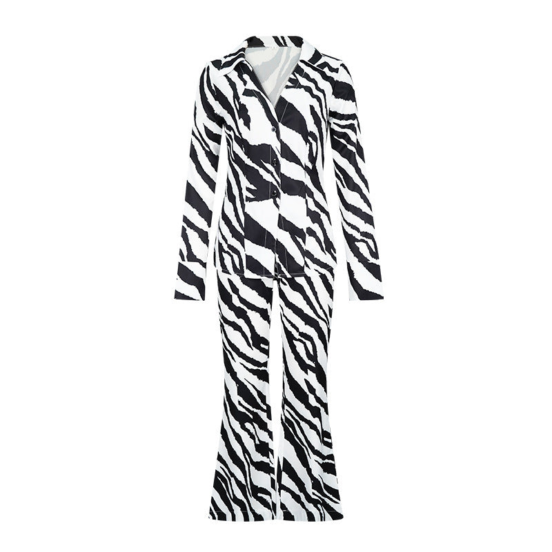 Printed deep v sexy blouse and wide-leg pants two-piece set - women's  european and american autumn fashion casual outfit