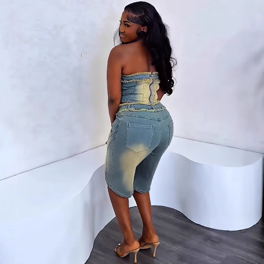 European and american style women's denim set -  cross-border fashion: raw hem bandeau top & high-waisted denim shorts
