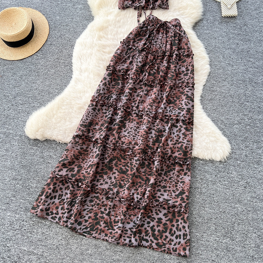 Sense of design leopard print halter suspender two-piece set women's summer sleeveless bowsrufflesbackless vacation suit