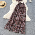 Sense of design leopard print halter suspender two-piece set women's summer sleeveless bowsrufflesbackless vacation suit