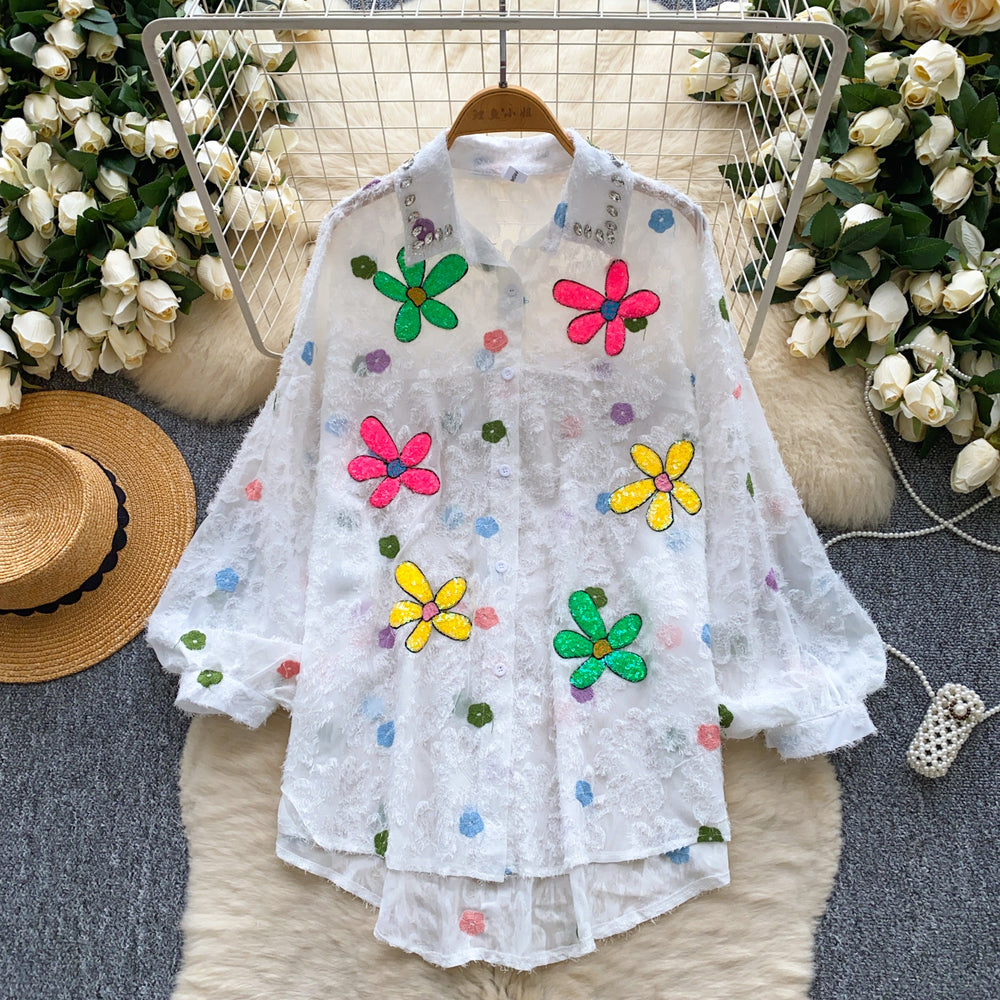 European and american style printed long-sleeve shirt for women - autumn flocked, rhinestone-embellished, loose fit, slimming, lightweight, designer top - trendy and chic