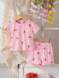 Kids clothing cross-border exclusive for european and american girls new arrival children's pink cherry t-shirt + shorts suit